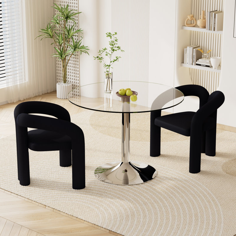 3 Piece Glass Dining Set with Barrel Accent Chairs, Black