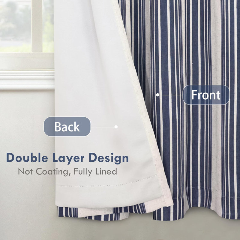 Chris Vertical Striped Linen Blend Lined Thermal Insulated Blackout Rod Pocket Back Tab Curtains, 52" W x 63" L, Dark Blue