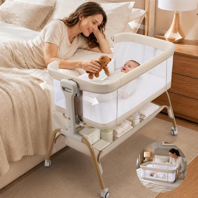 4 in 1 Baby Bassinet with Wheels, Mattress,Heights Adjustable,Breathable Mesh,Bedside Bassinet Sleeper,Portable Crib for Newborn and Infan,Beige