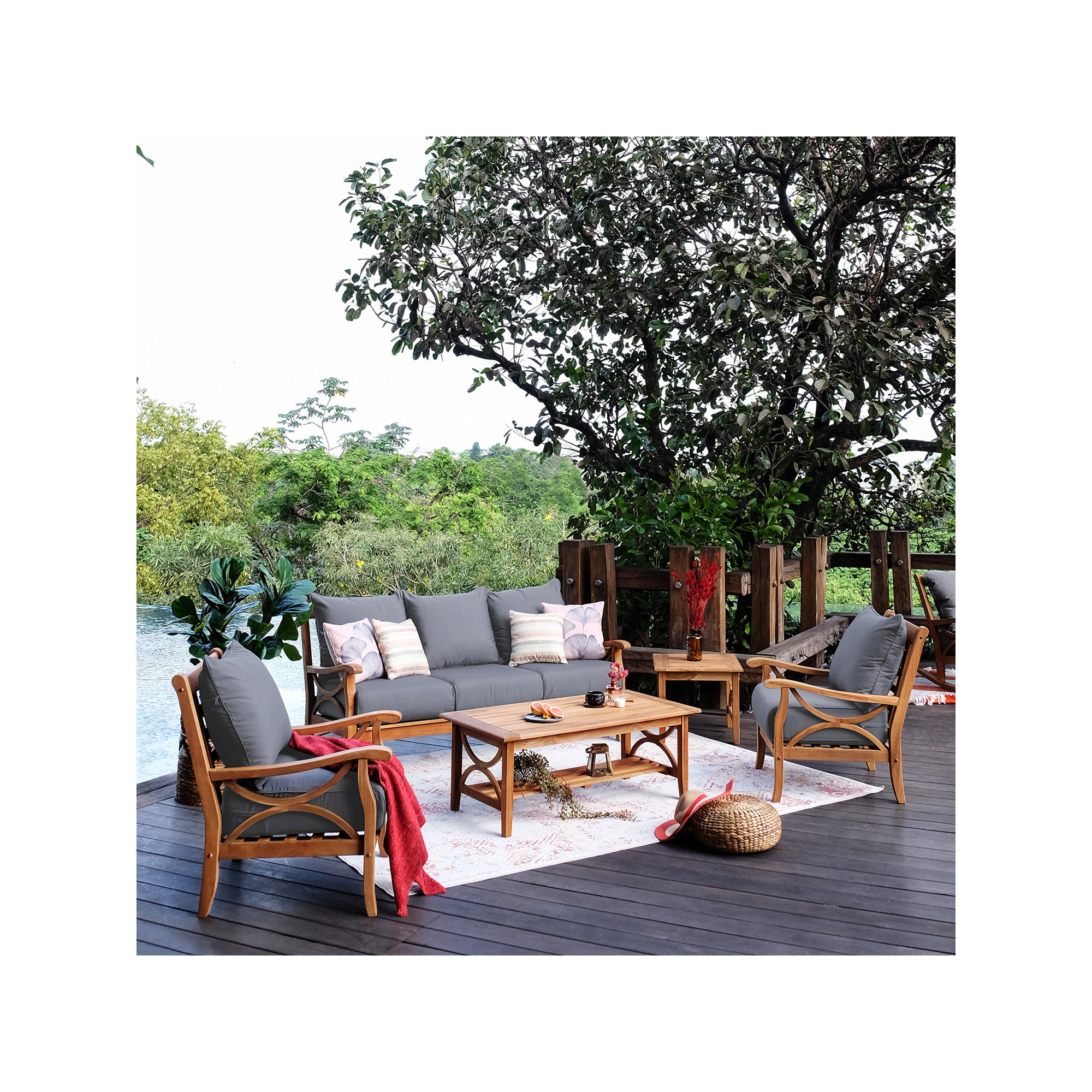 Brunswick 5 Piece Teak Sofa Seating Group with Cushions , Gray Performance Olefin, Brown