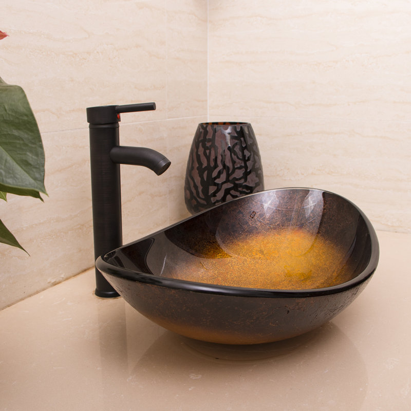 Lavabo de salle de bain vasque ovale en verre trempé avec robinet, Noir / doré