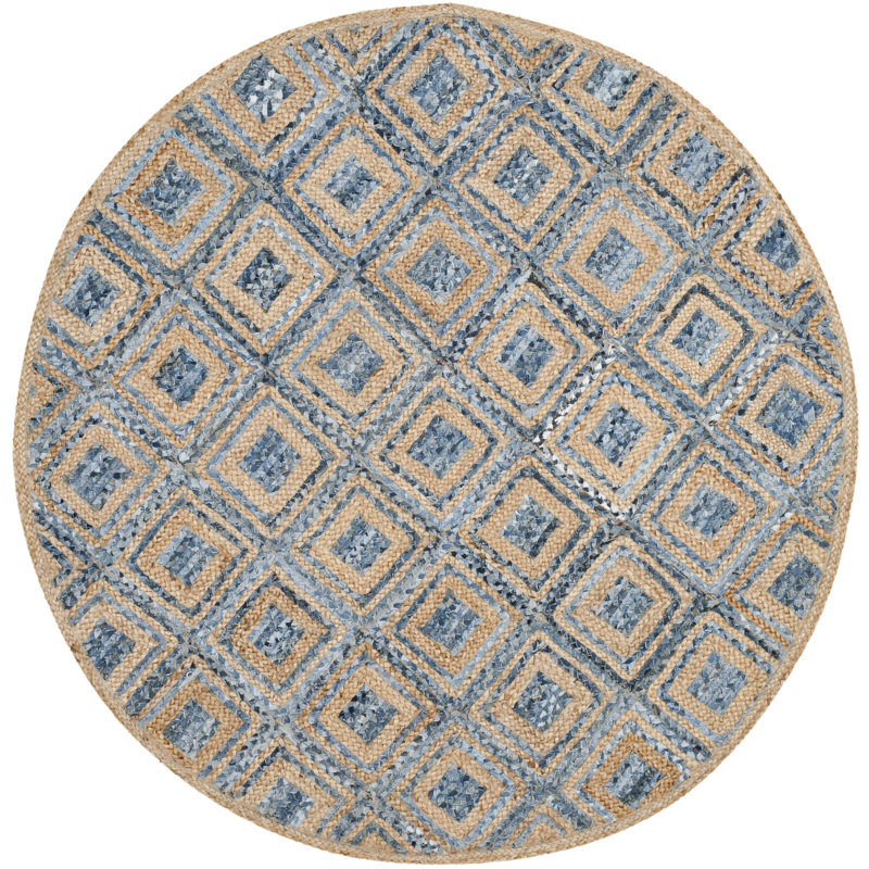 Arria Hand Woven Jute/Denim Geometric Rug in Natural/Blue, Round 4'
