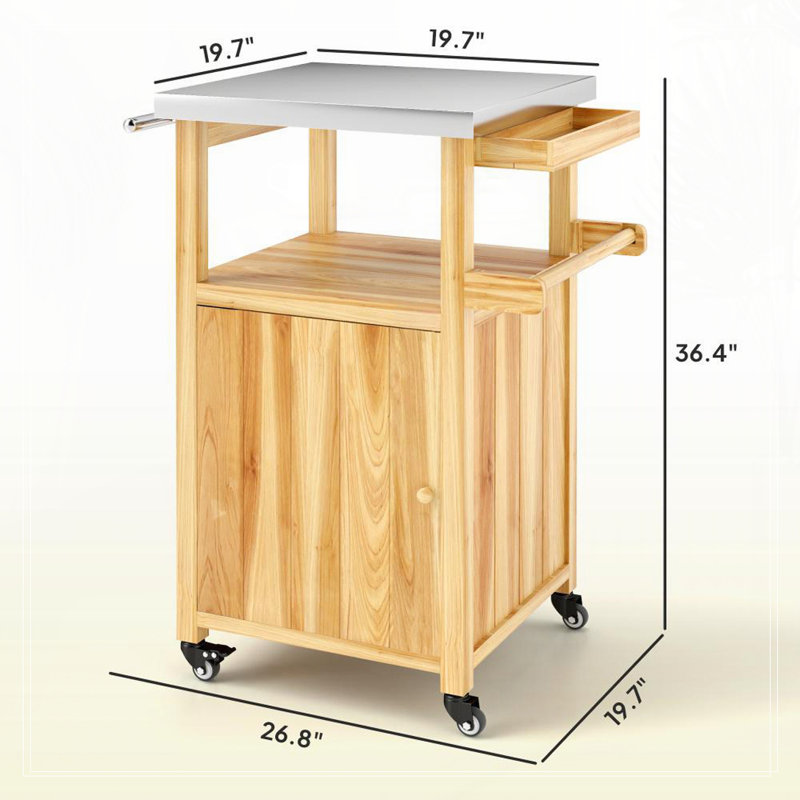 Îlot de cuisine en bois, chariot de barbecue extérieur, avec plateau en acier inoxydable