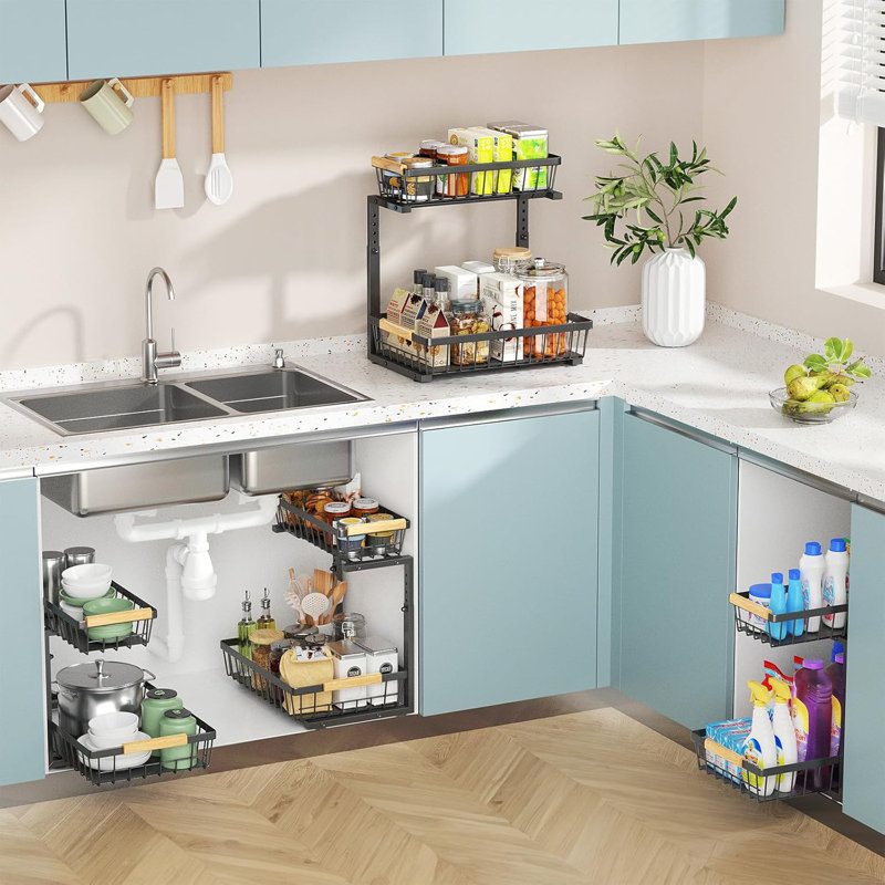 Under Sink Organizers And Storage, 2 Tier Pull Out Under Cabinet Organizer Drawer Shelf, 2 Pack Large Metal Adjustable Slide Out Drawers Shelves For Kitchen Bathroom.