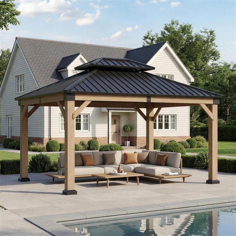 Pavillon de jardin extérieur en bois de cèdre l 12 pi x P 10 pi avec double toit en acier galvanisé