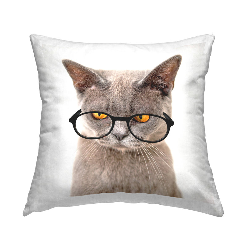 Coussin décoratif amusant avec des yeux jaunes et des lunettes par Karen Smith