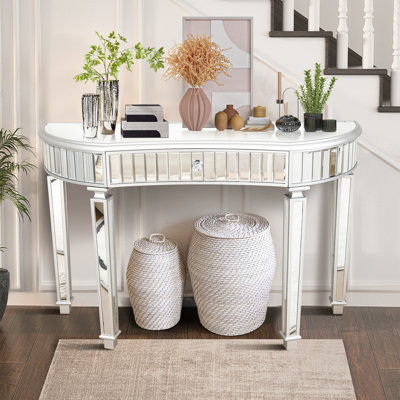 Console 47 po à miroir avec tiroir en verre cannelé et poignées en cristal, entrée argentée pour la chambre à coucher, gris et argent, look Mid-Century, solution de rangement de tiroir pour bureau, fonctionnalité d'économie d'espace