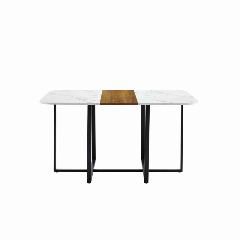 Table moderne à double texture - panneau de fibres à densité moyenne avec marbre et papier laqué à motif de bois, structure en métal robuste, table polyvalente 4 à 6 places