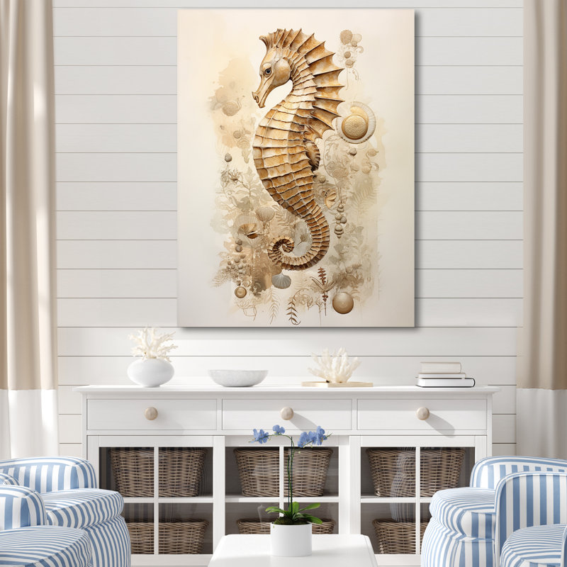 Hippocampe magique beige III sur toile, Toile tendue, H 20 po x l 12 po x P 1 po