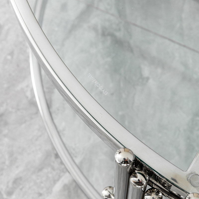 Table basse ronde en acier inoxydable en verre trempé double couche et argent