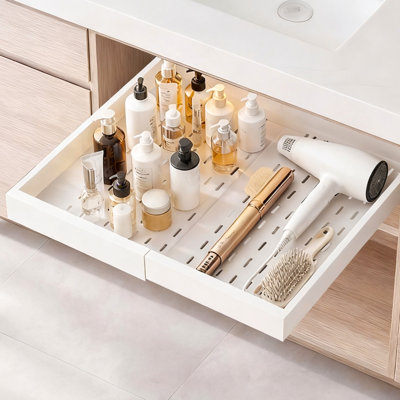 Pull Out Cabinet Organizer, Expandable Width (12.2"-18.9"), 20.47" Deep Pull Out Drawers for Cabinets, Sliding Drawer for Kitchen Pantry Cabinet Organizer with Nano Adhesive Strips, White