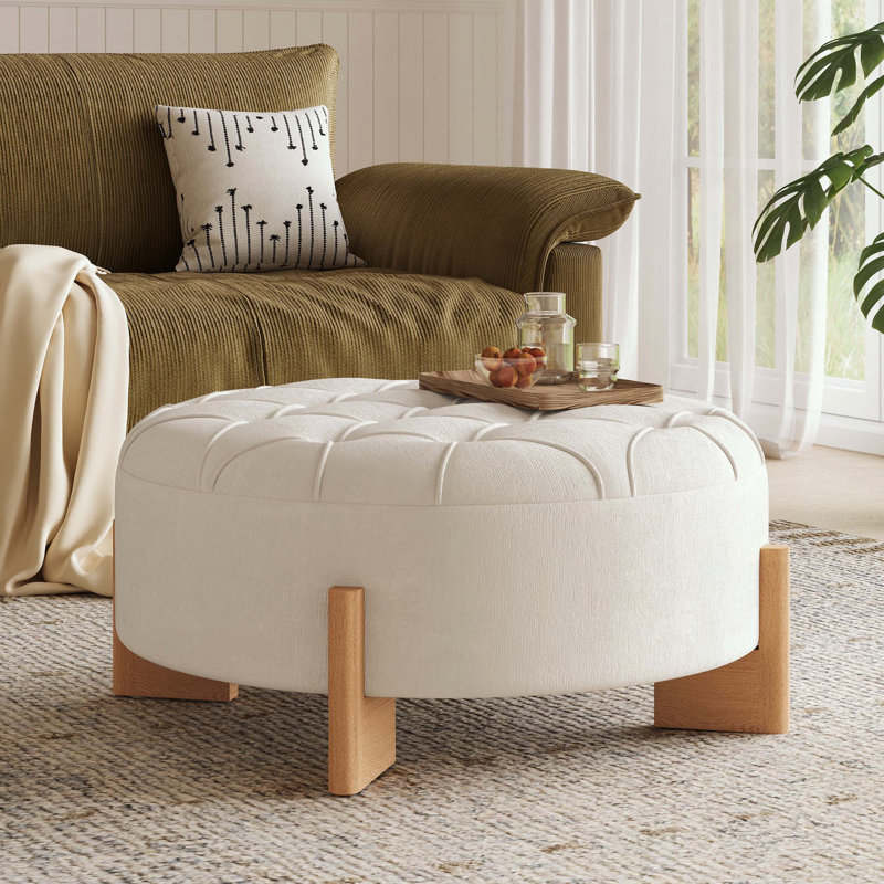 Repose-pieds rond capitonné avec pieds en bois massif en forme de L, Beige