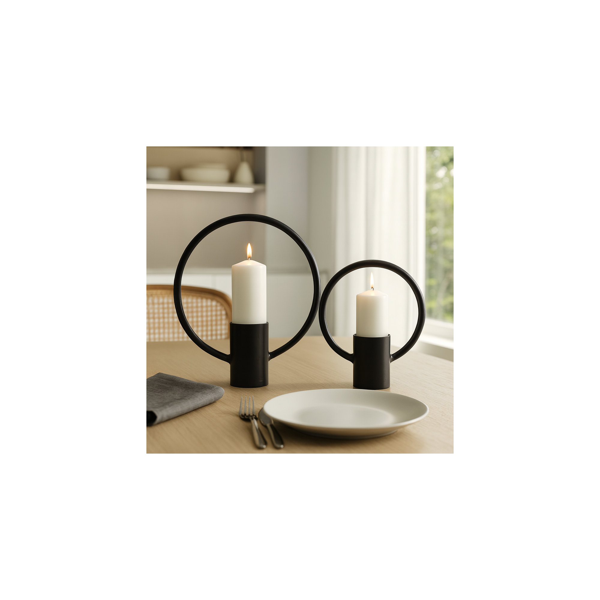 Merrin Set of 2 Metal Decorative Ring Candle Holders - Contemporary Abstract Black Aluminum Ring Candle Displays for Home or Office Decor