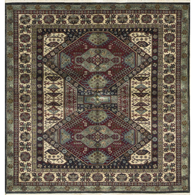Tapis vert, rouge et beige noué à la main de haute qualité