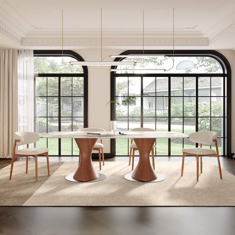 Table de salle à manger 93,7 "/ 86,6" à tréteaux doubles, plateau en pierre frittée de qualité supérieure en ambre / blanc ultrabrillant, base en bois massif sur des disques en acier au carbone robustes, 8 à 10 personnes