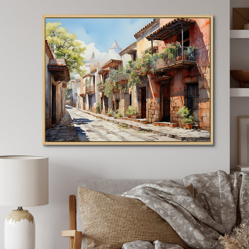 «Green Beige Mexico Colonial Charm», aquarelle encadrée sur toile, 16" H x 32" W, Silver Picture Framed