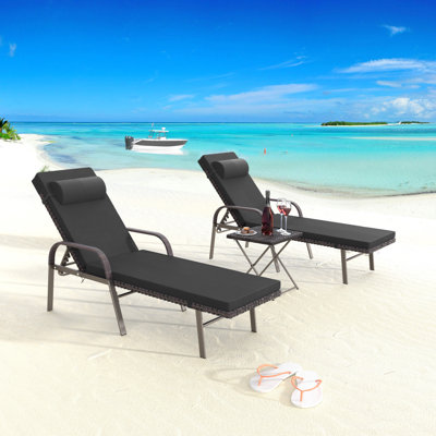 3-Piece All-Weather HDPE Wicker Chaise Lounge Set with Six-Position Adjustable Back & High-Resilience Foam Cushions