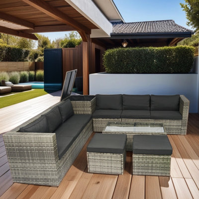 8 pièces de patio extérieur avec grande boîte de rangement, coussins, matériaux de rangement modernes gris, tissu noir
