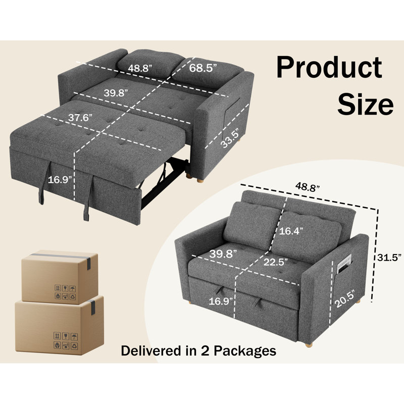 48.8" Wide Upholstered Reclining Sleeper Sofa, Dark Gray