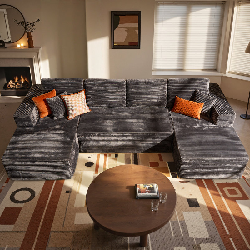 Canapé modulaire en U Corduroy, aucun assemblage requis avec les coussins de ressorts ensachés individuels