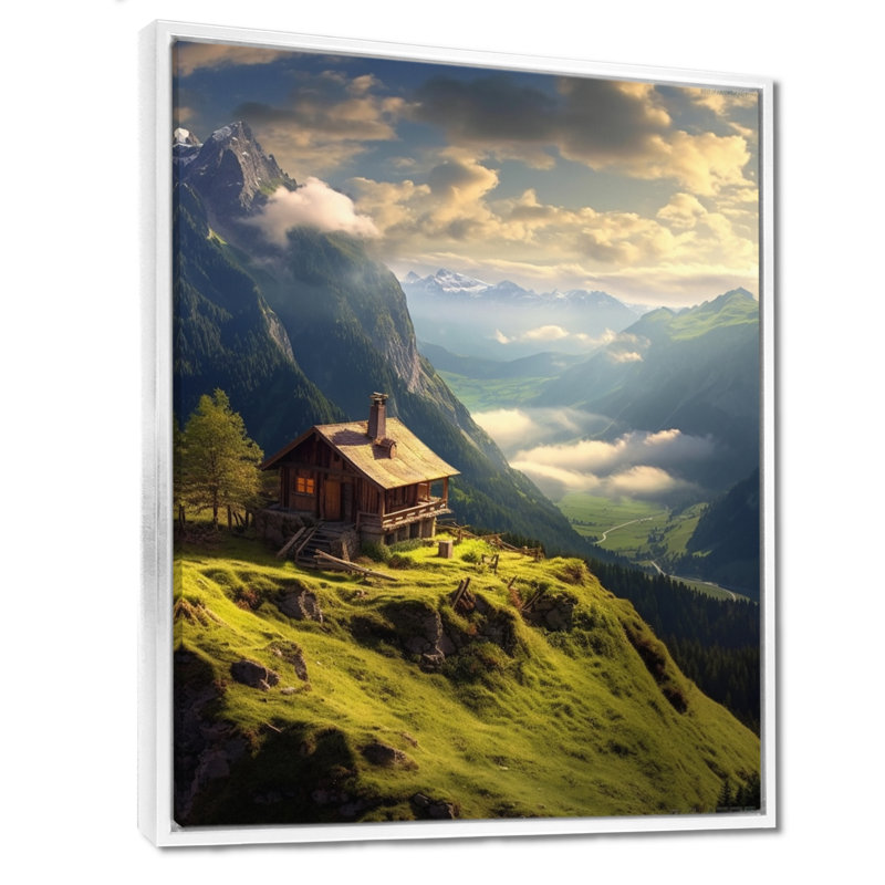 «Mountain House In The Valley Morning Clouds II - Mountains», art mural, Toile encadrée flottée blanche