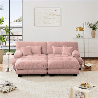 Sofas Couches | 2 Seater Cloud Sleeper Sofa for Living Room Dorm, With 2 Ottomans & Pillows, Modern | Chenille | Pink