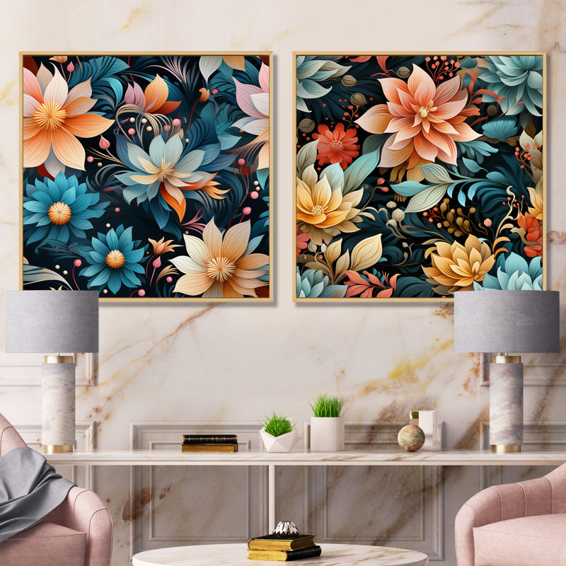 Layana - Ensemble de 2 décorations murales florales, H 36 po x l 73 po x P 1,5 po, Encadrement brun