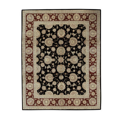 Tapis noir / ivoire / rouge noué à la main de haute qualité