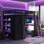Lit mezzanine en bois pleine grandeur avec garde-robe, tablettes, rideaux occultants et lumières RVB, noir et mauve