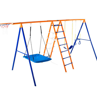 Balançoire 6 en 1 pour la cour arrière, capacité de 440 lb, structure en A avec deux balançoires, trapèze, filet d'escalade, cerceau, joints de protection triple, cour arrière détachable 1, tubes en métal en acier, poignées en caoutchouc souple, sièges