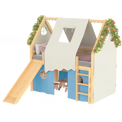 Full Size House Loft Bed With Slide, Tent, Sills, And Lights For Creative Play And Sleep