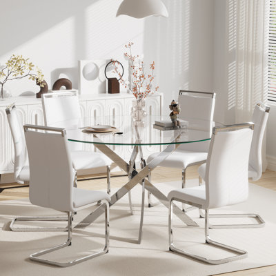 7-Piece Dining Table Set, 47-Inch Tempered Glass Round Table and 6 Upholstered Dining Chairs.