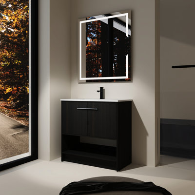 Meuble-lavabo 36 po avec lavabo en céramique, base en contreplaqué, 2 portes, meuble-lavabo autoportant moderne en chêne noir, lavabo, structure de structure, abat-jour de style