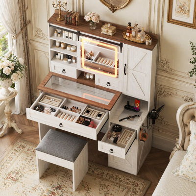 Bureau de coiffeuse avec miroir coulissant et lumières Farmhouse, ensemble de coiffeuse avec plateau en verre et station de charge, coiffeuse avec 4 tiroirs et 2 armoires, coiffeuse avec tabouret pour chambre à coucher