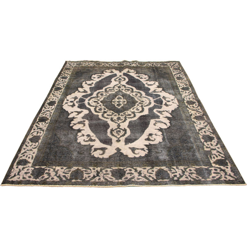 Tapis en laine noir/crème 9 pi x 12 pi 1 po "one-of-kind" -noué la 1990 Allenah