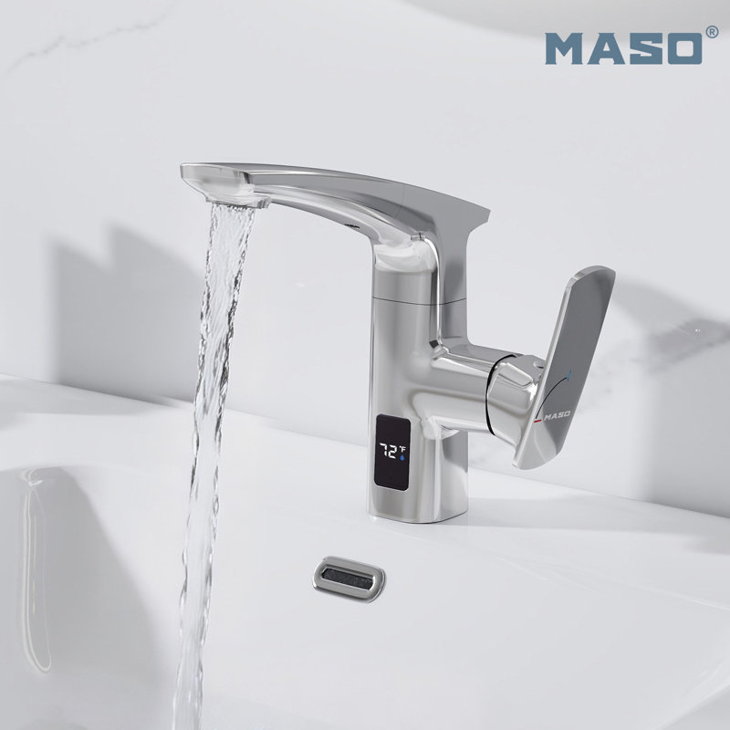 MASO Touchless Pull-Down Bathroom Sink Faucet, 2 Spray Modes, Temperature Display (°F), Motion Sensor, 360° Swivel, Single Handle, 1 or 3 Hole, Deck Plate, Vanity, Laundry & Bar,  Polished Chrome