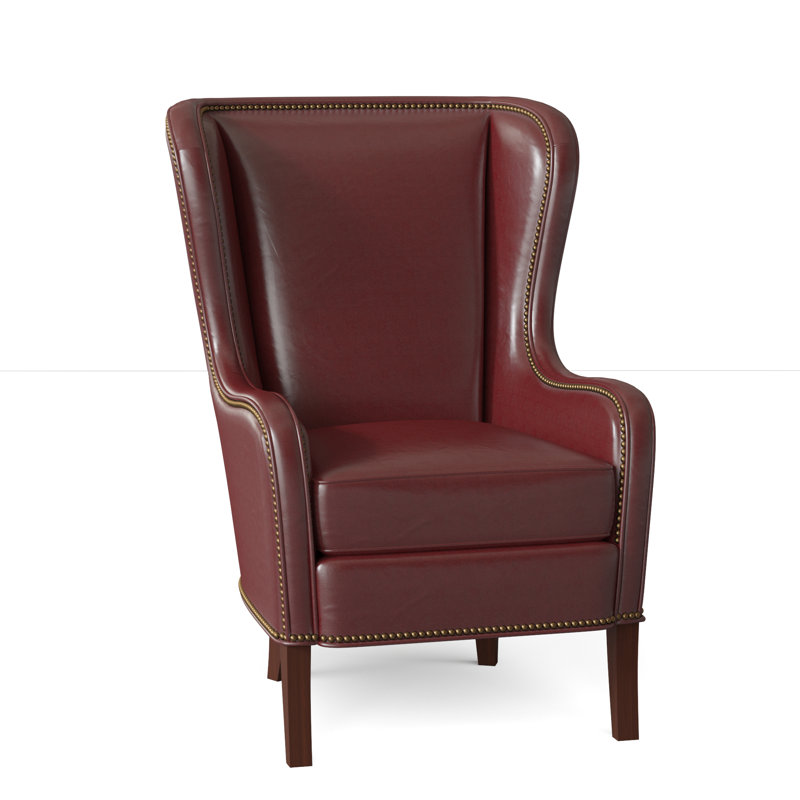 Aurora Wingback Chair, French Natural, Mahogany, Aline Light Gray Stonewash Genuine Leather