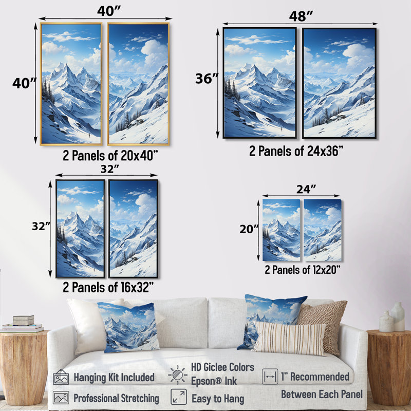 Winter Snowy Peaks I - Paysages d'hiver, impressions sur toile 2 panneaux, Noir, H 36 po x l 48 po