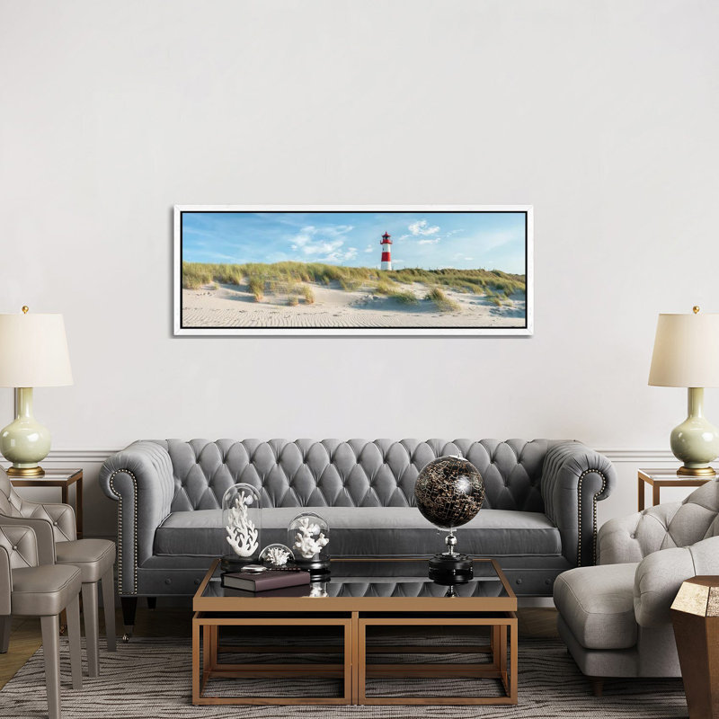 Sylt Panorama With Lighthouse List Ost by Jan Becke - Panoramic Gallery-Wrapped Canvas Giclée on Canvas, White Framed