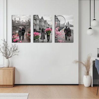 Couple romantique avec fleurs roses et paysage urbain sur toile tendue, ensemble de 3 reproductions de peintures à l'huile pour salon