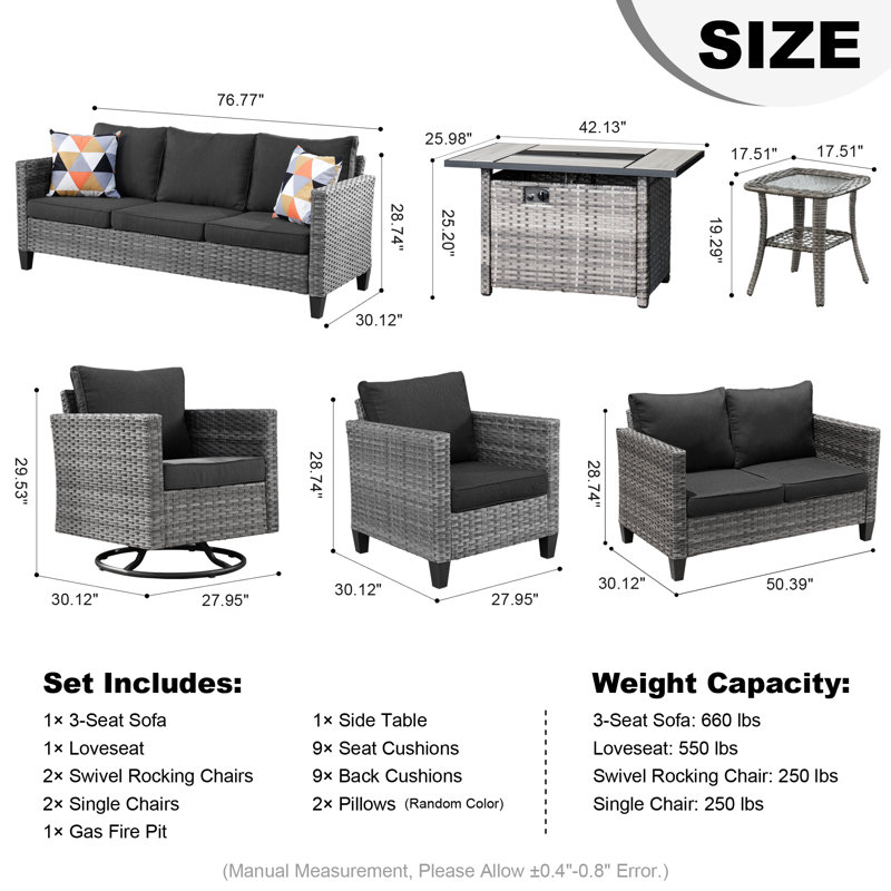 9 - Person Patio Conversation Set with Cushions, Black
