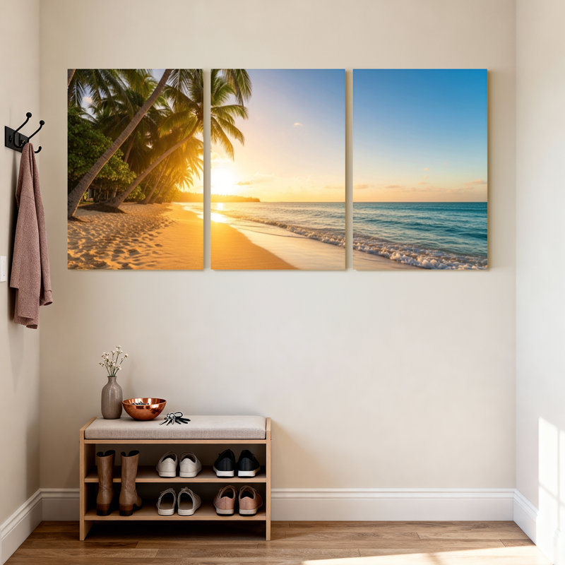 Palmiers, coucher de soleil, plage, palmiers, océan, vagues, sable, ciel, ensemble de 3 impressions sur toile