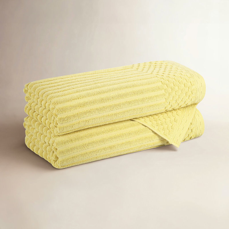 Ruvins Cotton Highly Absorbent Solid and Checkered Border Bath Towel Set, Yellow Gold