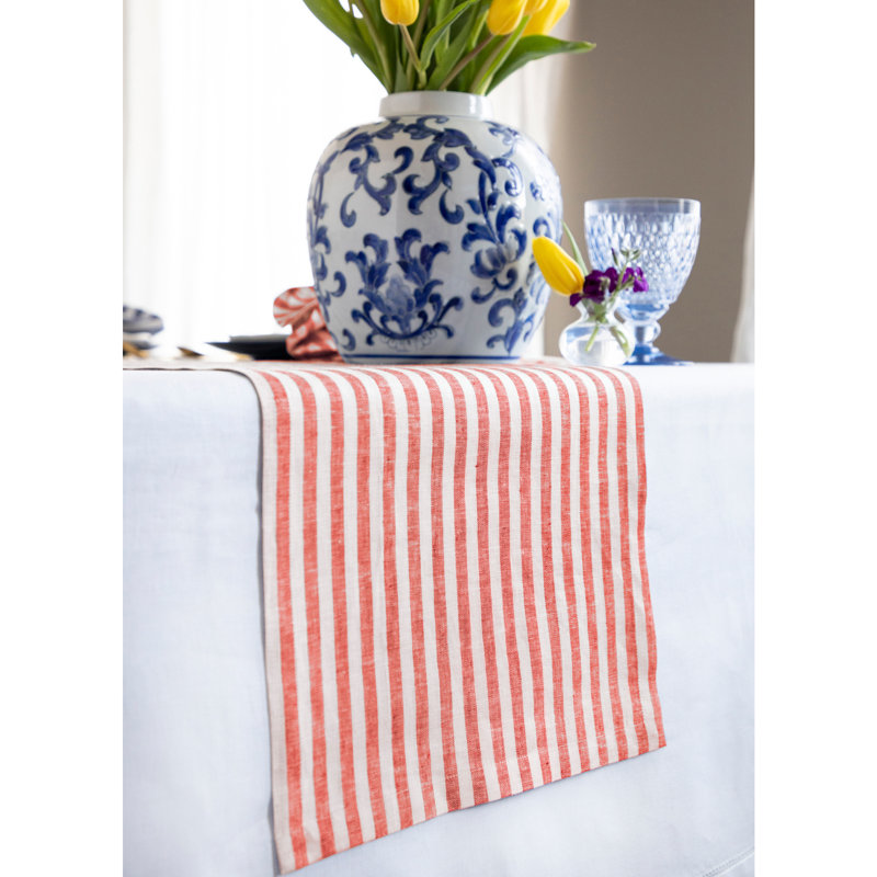 Amalfi Stripe - 100% Pure Linen Table Runner, 72" x 14", Red/White