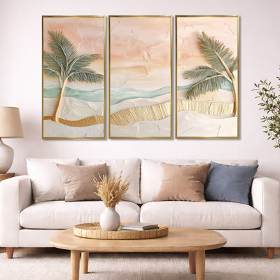 Tropical Beach Canvas, Palm Leaf Wall Art - Jamil 3 Piece Framed Canvas Wall Art Set Coastal Home Decor
