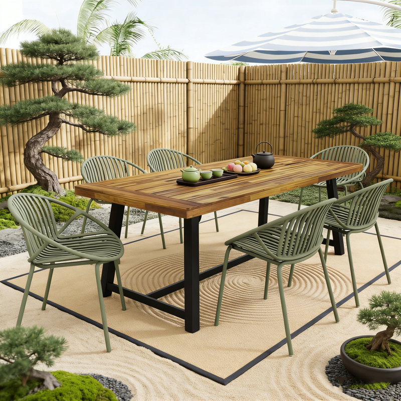 Ensemble de salle à manger d'extérieur moderne 7 pièces avec chaises empilables et table en bois d'acacia durable, Vert