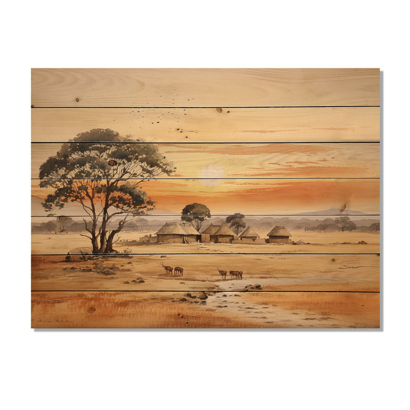Beige, safari africain, paysage IV - Afrique sur bois, H 10 po x l 20 po x P 0,78 po