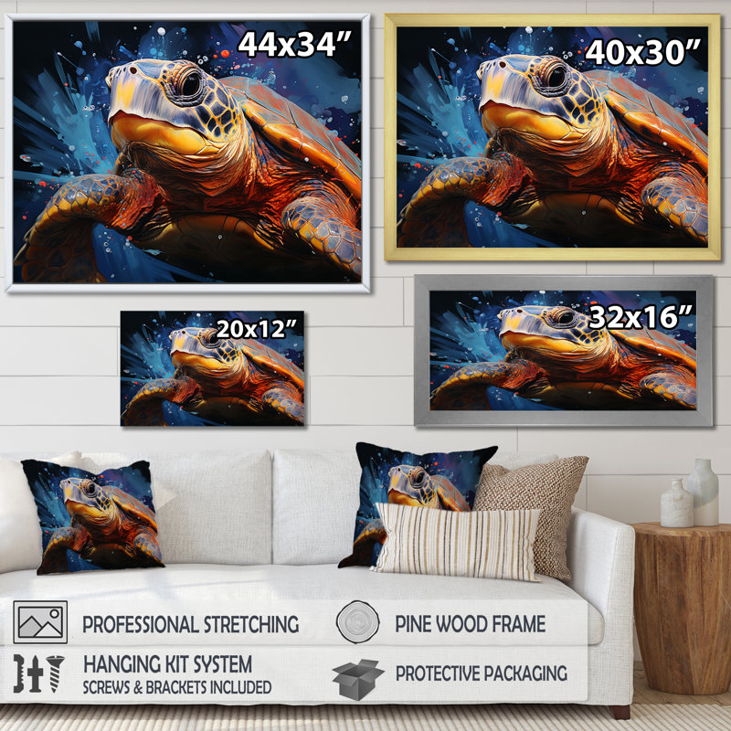 Représentation d'un voyage aquatique de tortues I sur toile, Cadre naturel flottant, H 12 po x l 20 po x P 1 po