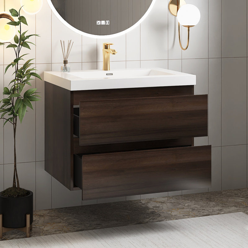 Derrald 36'' Single Sink Wall Mounted Bathroom Vanity with Resin Top, Gray Oak
