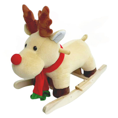 Kids Ride-On Rocking Horse Toy With Lullaby Song,Moose Rocking Toy With Hand Puppets And Safety Belt For Children 1-3 Years,Soft Plush Fabric,Apricot,CPC Certified